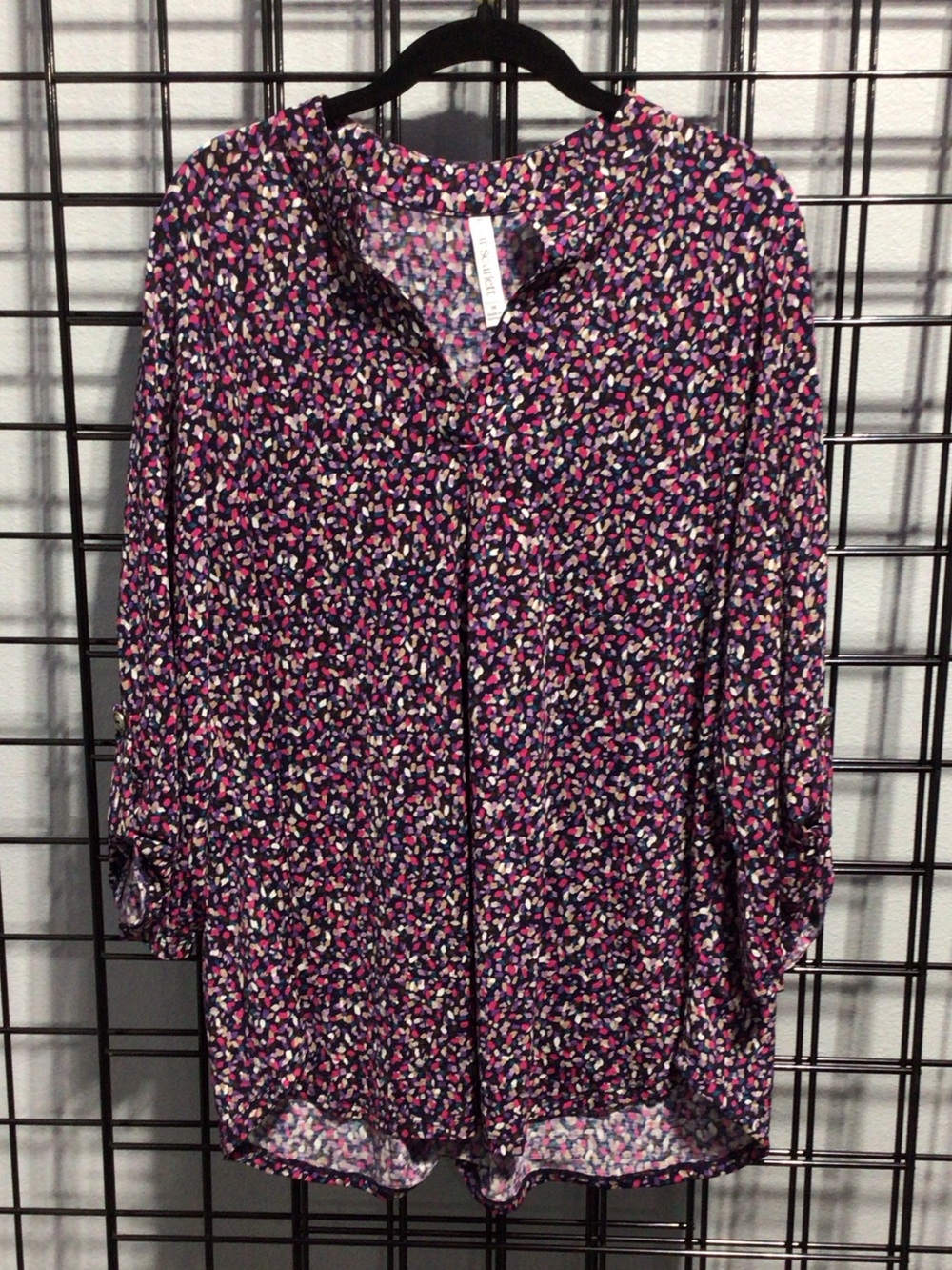 Dear Scarlett Navy Top with Pink Purple Cream and Teal Confetti Print